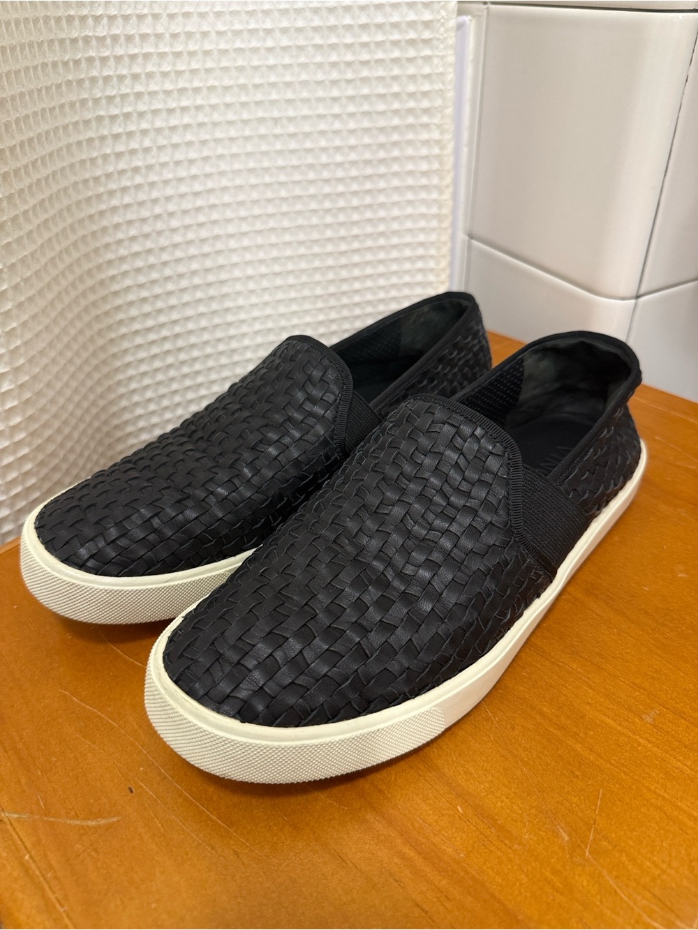 Vince Black Woven Leather Slip-On Sneakers with White Sole - size 7